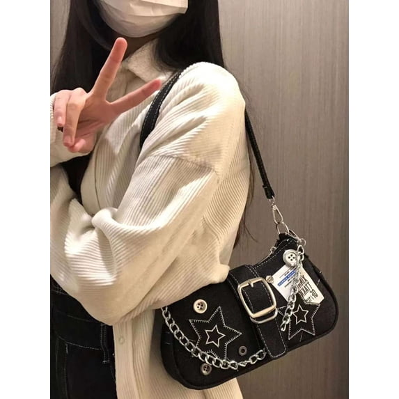 Y2k American Vintage Poster Graffiti Millennium Star Denim Crossbody Bag with Lightweight Chain Strap