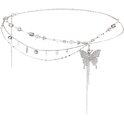 Y2k Belly Chain Rhinestone Butterfly Waist Beads Pearl Layered Silver Chain Belt For Women