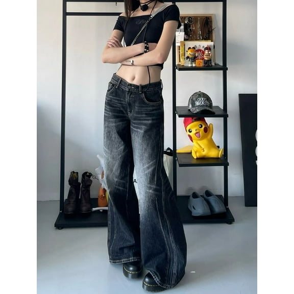 Y2k Black Jeans Women Baggy Vintage High Street Oversized Denim Trousers Gothic Gyaru 2000s Acubi Fashion Jeans