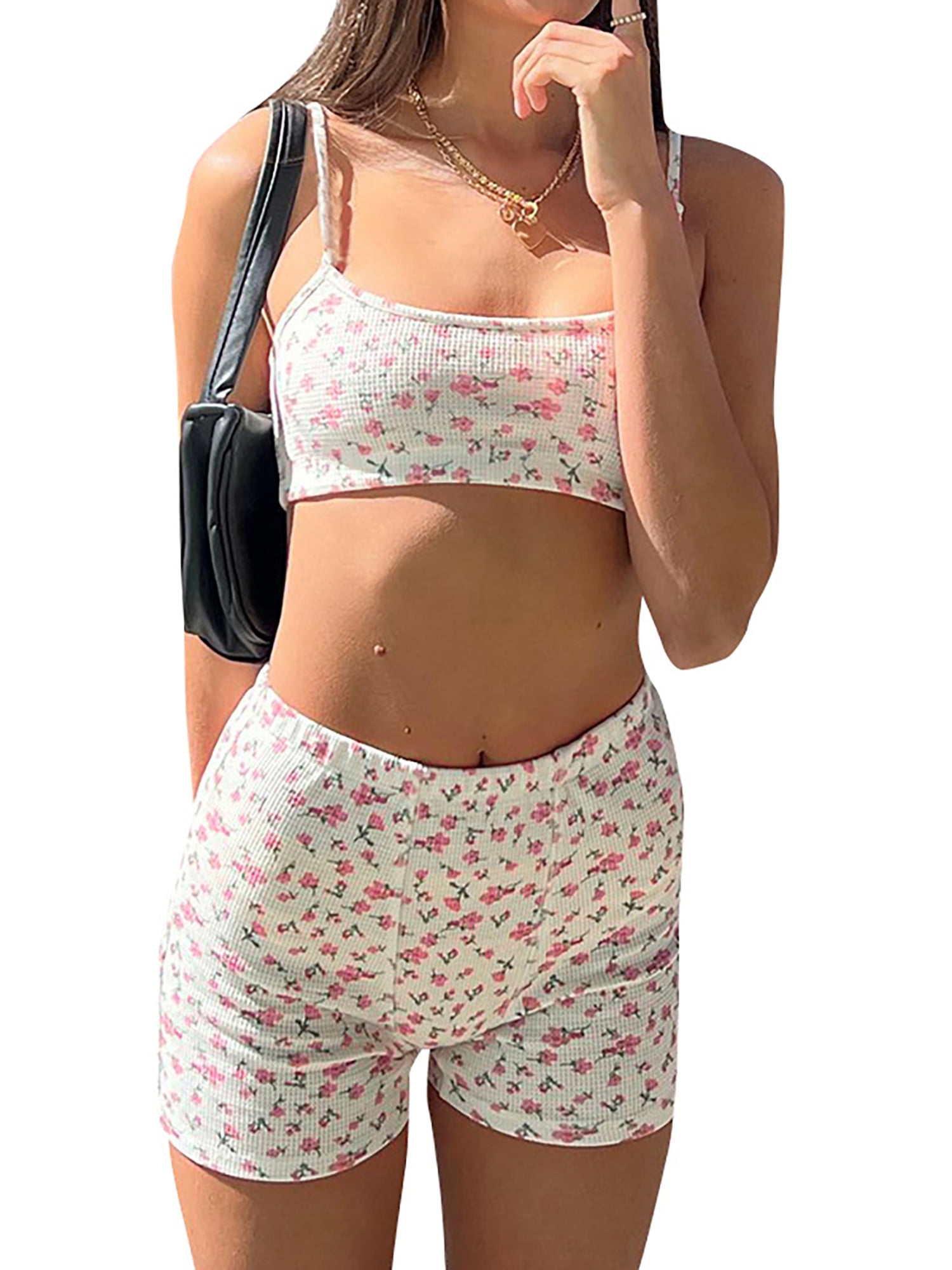 Y2k Bodycon Outfits 2piece Floral Printed Cami Crop Top and Biker Shorts SetBackless Strap Tracksuit Sweatsuit Romper White Purple Floral S
