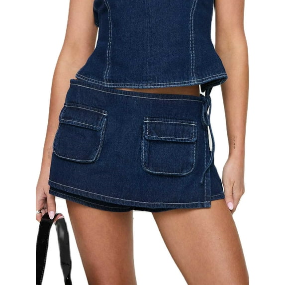 Y2k Cargo Denim Skirt for Women Low Rise Bodycon Mini Jean Skirt Skorts Club Streetwear Aesthetic Clothes