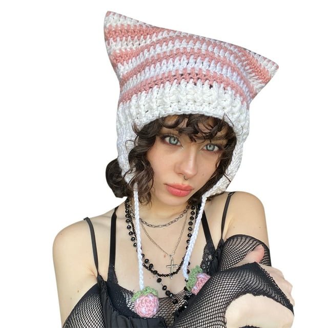 KGM Mignon Trendy Punky Cat Ear Beanie Y2K Rayé Tricot