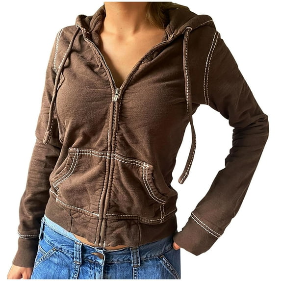 Clearance Y2k Crop Jacket for Women Long Sleeve Tunic Full-Zip up Hoodie Sweatshirts Coat Vintage Stitched Pocket Hooded Top (S, Brown)