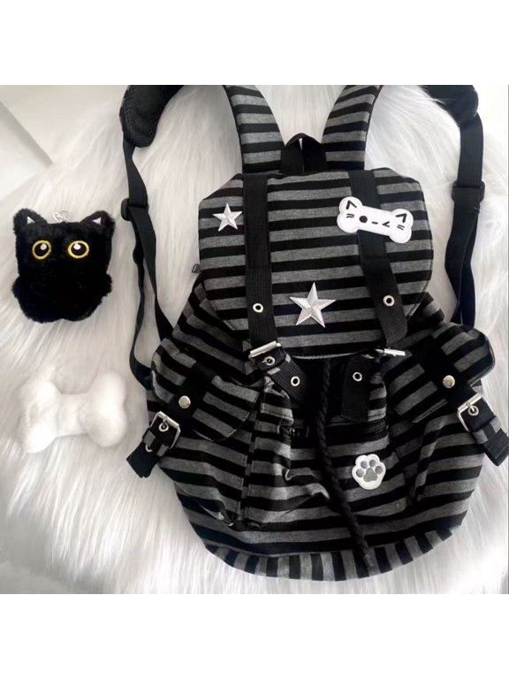 Y2k Drawstring Bags Large Capacity Casual Stripe Bookbags Multi-Pocket Cute Cat Rucksack Travel Vacation Backpacks