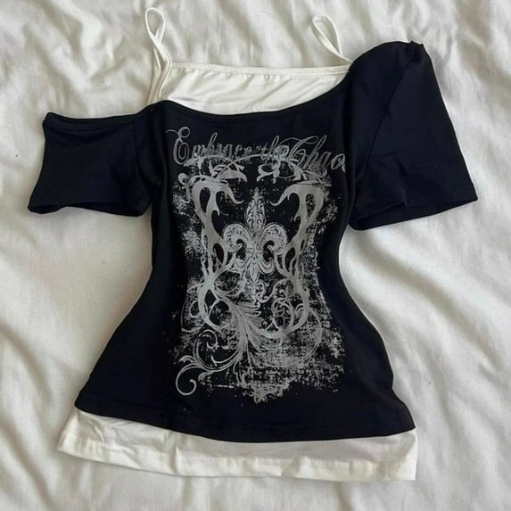 Y2k Emo Women Vintage Harajuku Short Sleeve Acubi Grunge T-shirts Graphic Fake Two-piece Tshirt Goth Oversize Tops Alt Clothes