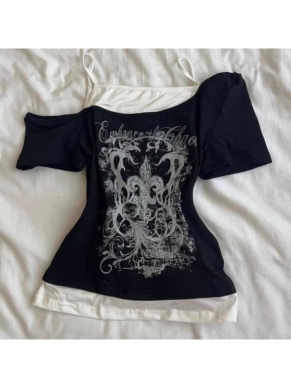 Y2k Emo Women Vintage Harajuku Short Sleeve Acubi Grunge T-shirts Graphic Fake Two-piece Tshirt Goth Oversize Tops Alt Clothes