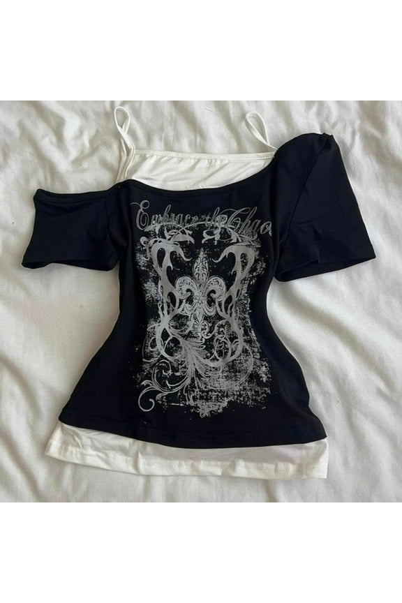 Y2k Emo Women Vintage Harajuku Short Sleeve Acubi Grunge T-shirts Graphic Fake Two-piece Tshirt Goth Oversize Tops Alt Clothes