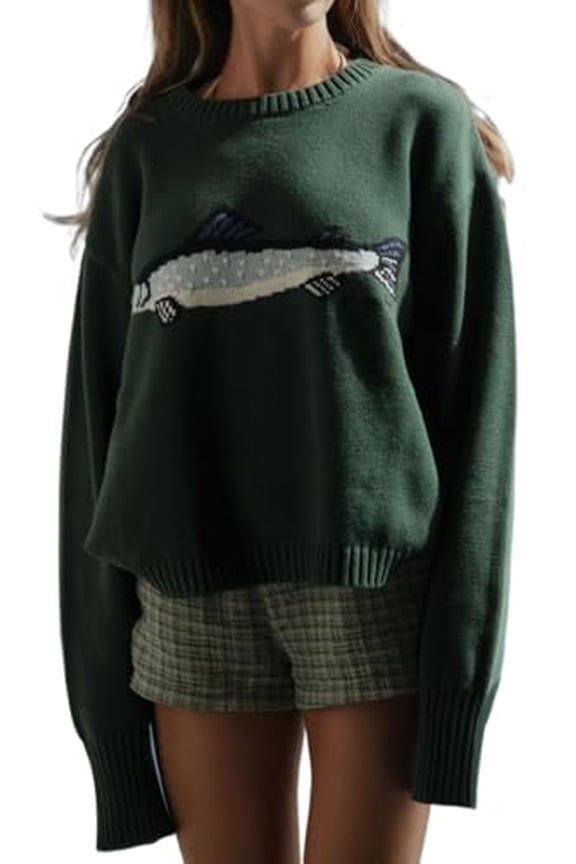 Y2k Fish Graphic Crochet Chunky Sweater Women Vintage Cottagecore Oversized Streetwear