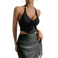 thumbnail image 1 of Y2k Front Tie Crop Tops Halter Neck Flowy Plisse Summer Going Out Top Split Sleeveless Shirt Black L, 1 of 8