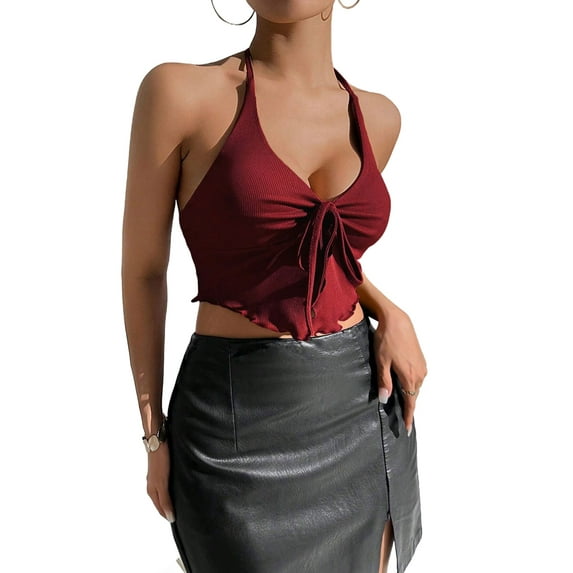 Y2k Front Tie Crop Tops Halter Neck Flowy Plisse Summer Going Out Top Split Sleeveless Shirt Wine Red L