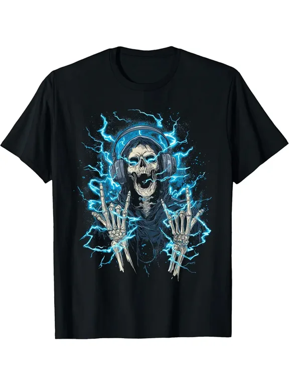 Y2k Gothic Emo Skull Electric Skeleton DJ Headphones T-Shirt