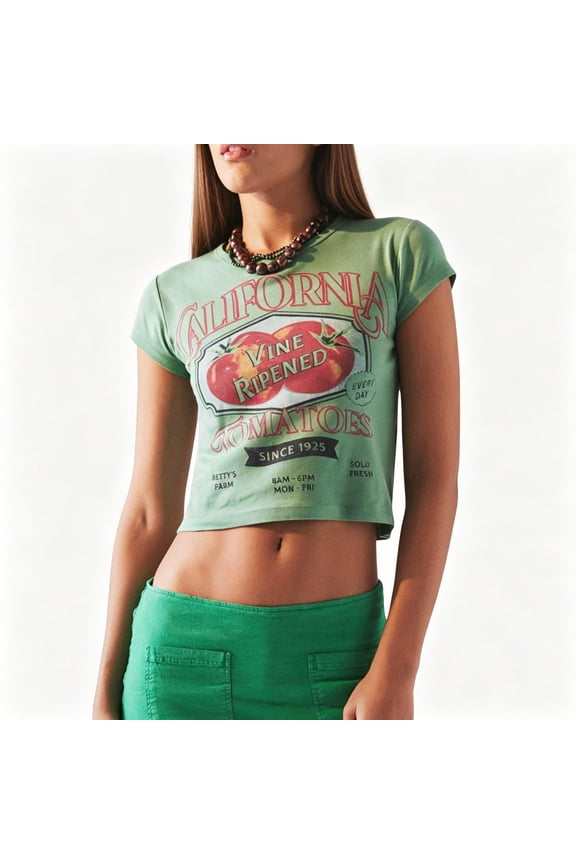 Y2k Graphic Tees for Women Fruit Print Crop Top Short Sleeve Slim Fit T-shirt (Green XL)