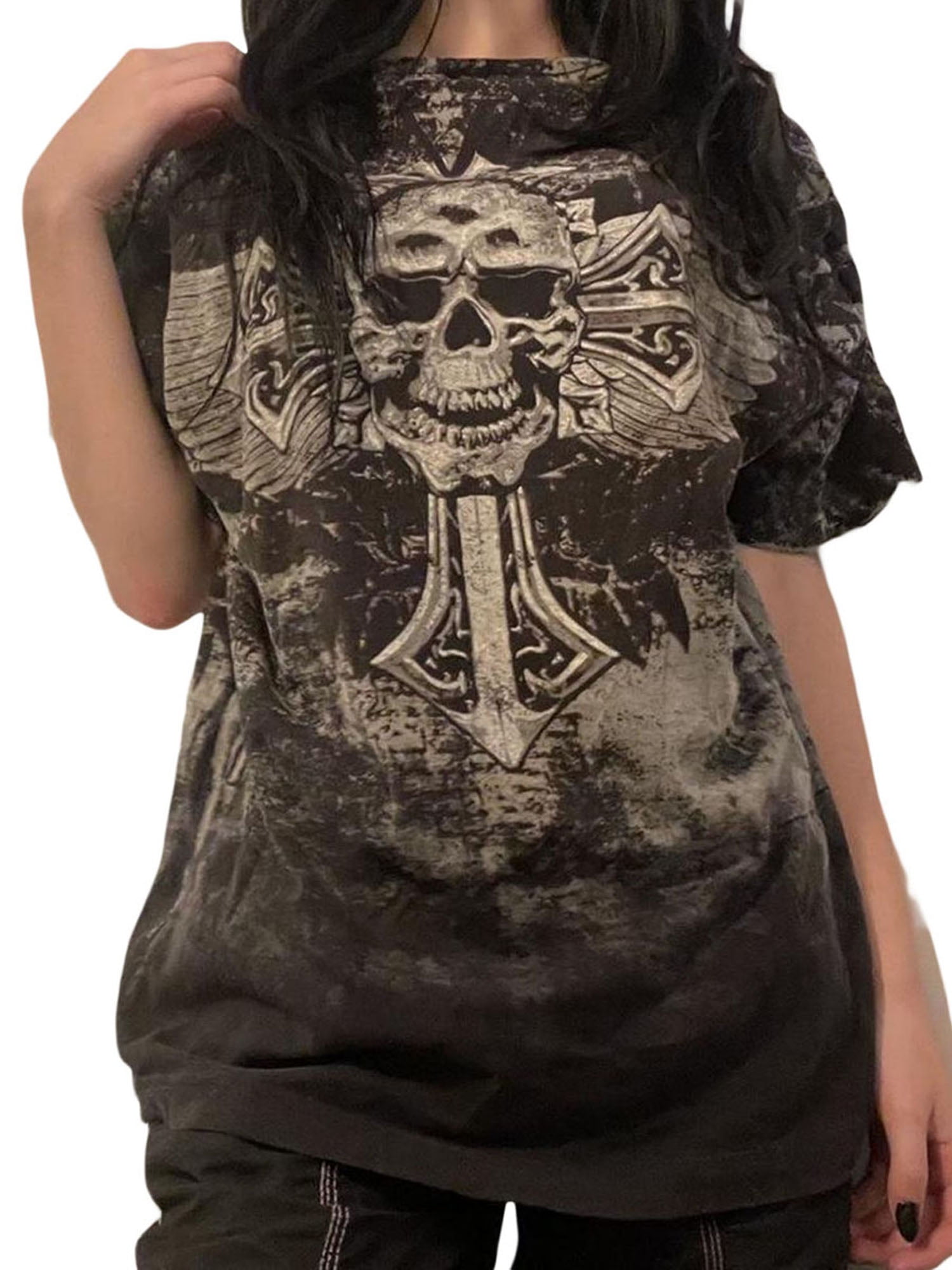 y2k skull design トップス　Tシャツ Skull Cross Wings Y2K Goth Grunge Gothic T-shirt | eBay