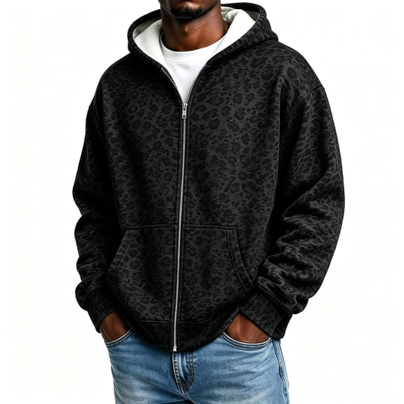 Y2k Grunge Leopard Zip Up Hoodie for Men 2000s Emo Streetwear Jacket (Black XL)