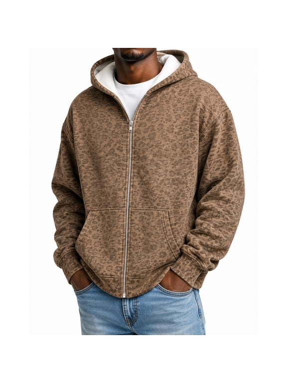 Y2k Grunge Leopard Zip Up Hoodie for Men 2000s Emo Streetwear Jacket (Coffee XL)
