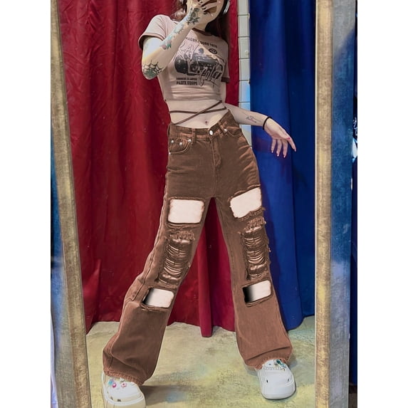 Y2k Grunge Trend Vintage Jeans For Women Long Denim Pants Waisted Jeans Ripped Loose Jeans Fashion Streetwear Brown Wash Extreme Ripped Design