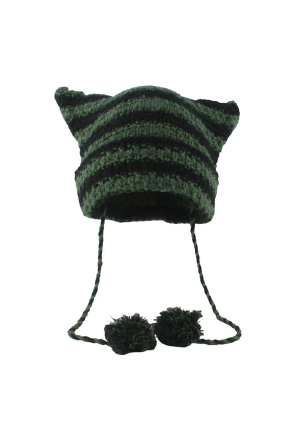 Y2k Handmade Striped Cat Ear Shape Hat Knit Winter Windproof Beanie with Pom Pom