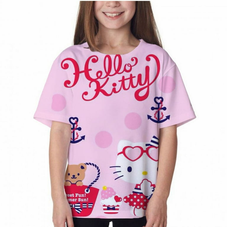 Street T-shirt Female shirt Girl T- Top Kitty Kitty T-shirt Fit Hello Hello Kawai Apparel T-shirt Pattern Slim Cartoon Party Y2k