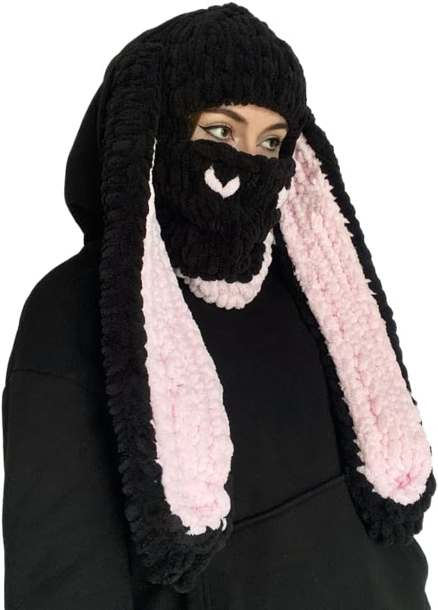 Y2k Knit Balaclava Face Mask for Women Men Bunny Ear Horn Ski Scarf Winter Warm Hat Knit Skull Beanie for Halloween