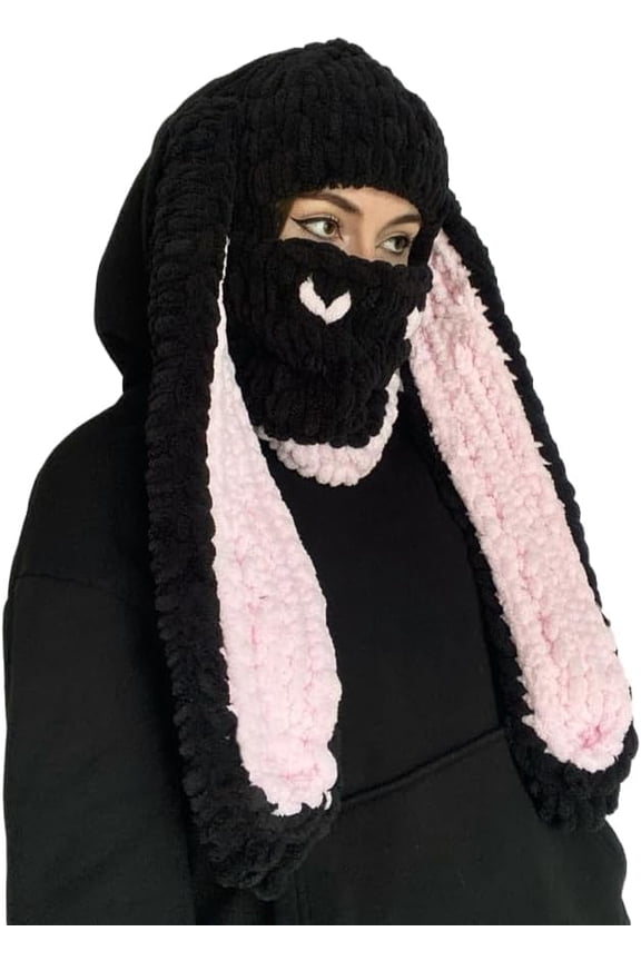 Y2k Knit Balaclava Face Mask for Women Men Bunny Ear Horn Ski Scarf Winter Warm Hat Knit Skull Beanie for Halloween