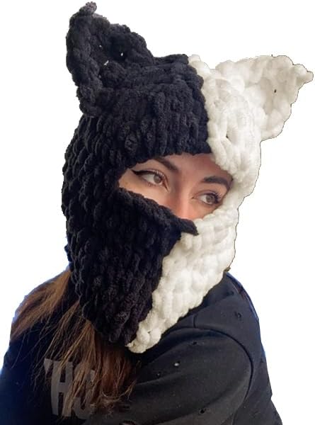 Y2k Knit Balaclava Face Mask for Women Men Bunny Ear Horn Ski Scarf Winter Warm Hat Knit Skull Beanie for Halloween