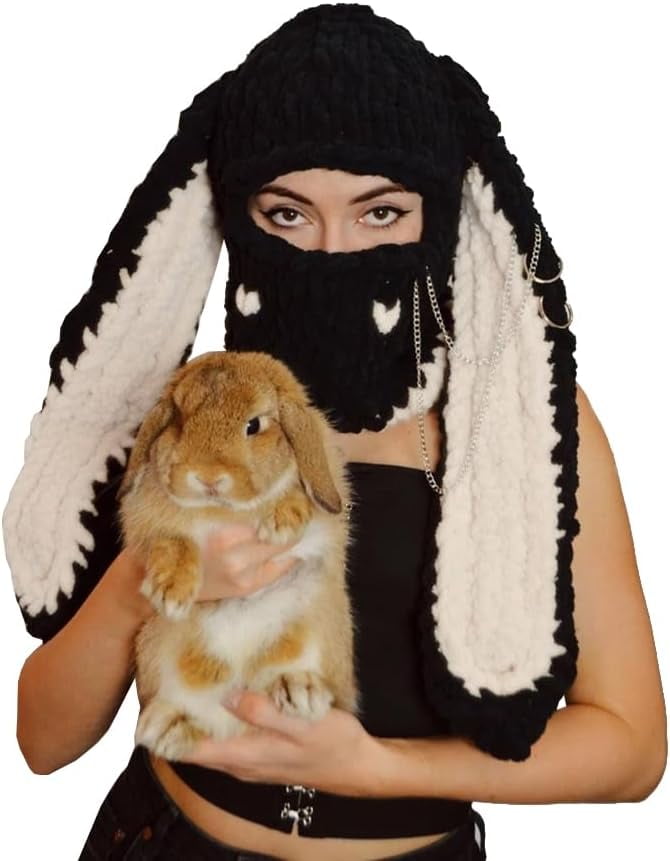 Y2k Knit Balaclava Face Mask for Women Men Bunny Ear Horn Ski Scarf Winter Warm Hat Knit Skull Beanie for Halloween