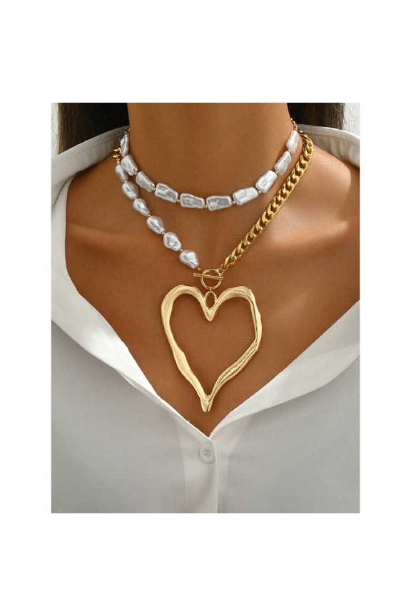 Y2k Large Heart Necklaces for Women Chunky Big Heart Pendant Necklace Exaggerated Layered Love Pearl Choker Necklace Set Dainty Statement Jewelry Gift