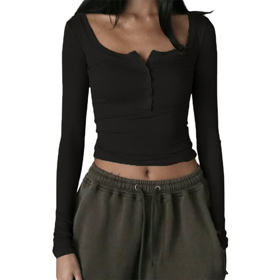Y2k Long Sleeve Crop Tops Shirts for Women Girls Ribbed Knit Solid Basic T Shirts Square Neck Sexy Fitted Tees