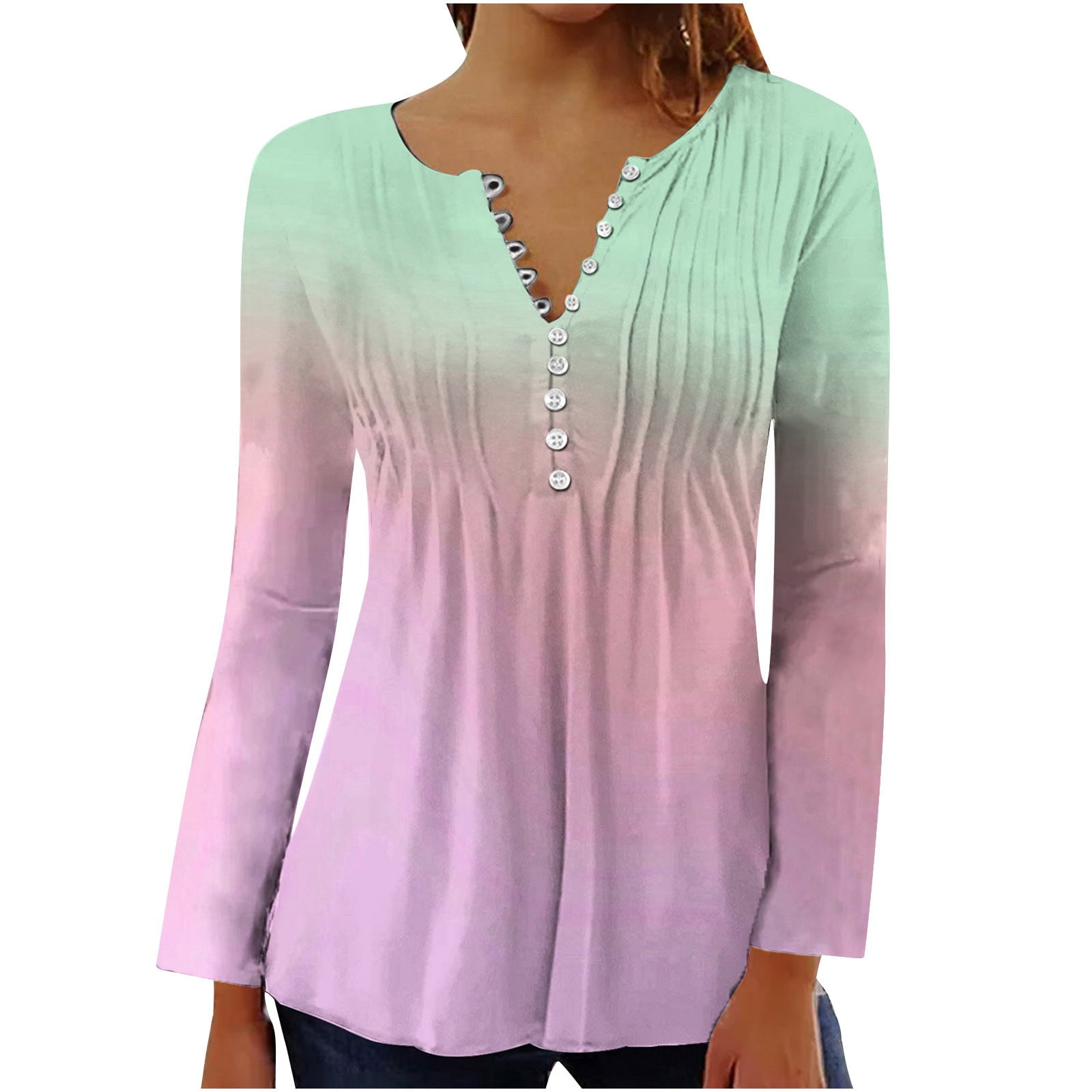 Women's V Neck Long Sleeve Gradient T Shirt Loose Casual Dressy Basic Tops  Tunic Fashion Trendy Tees