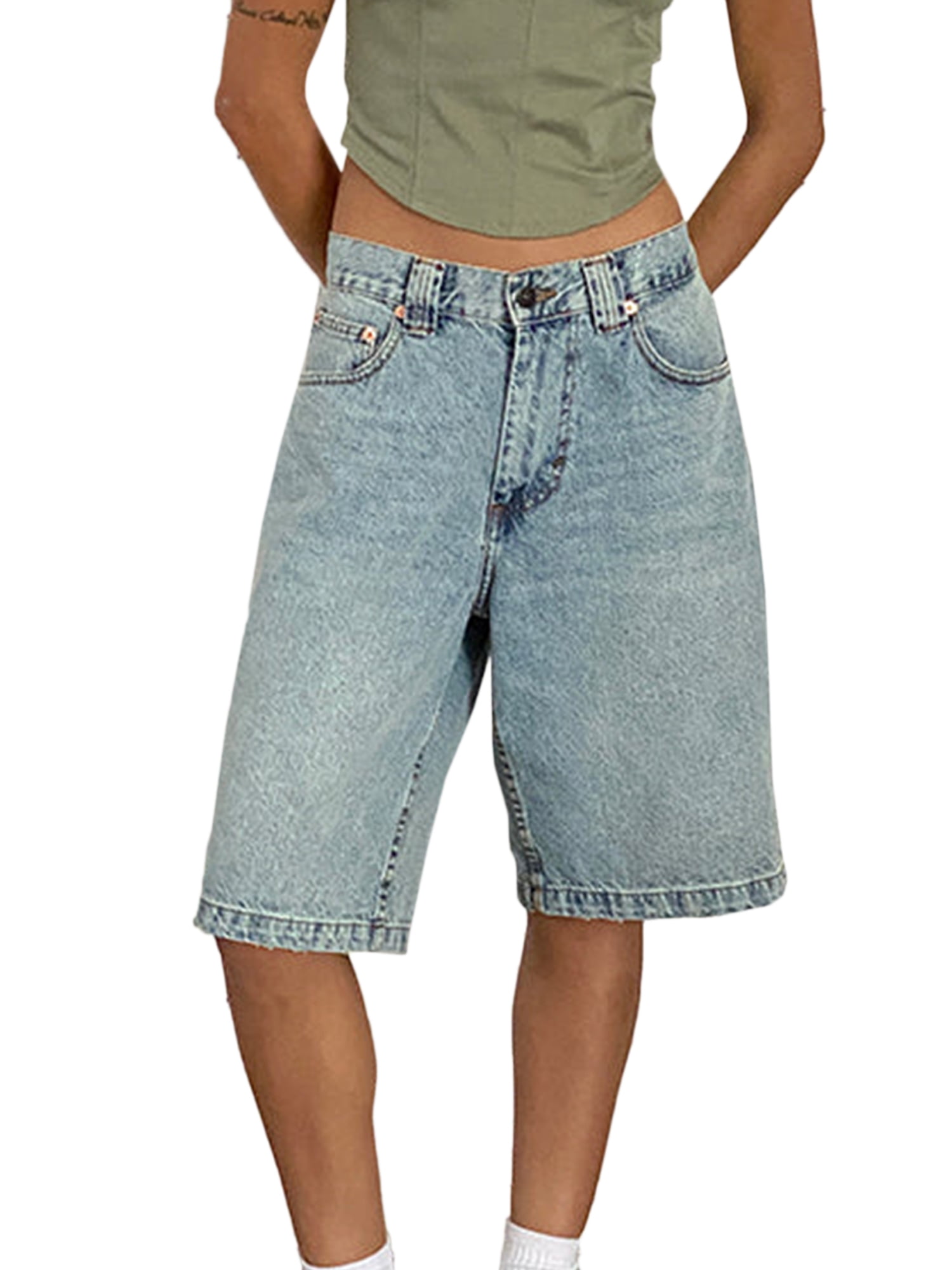 Y2k Loose Denim Bermuda Shorts for Women Low Rise Wide Leg Knee Length Oversized Fit Summer Jeans Shorts