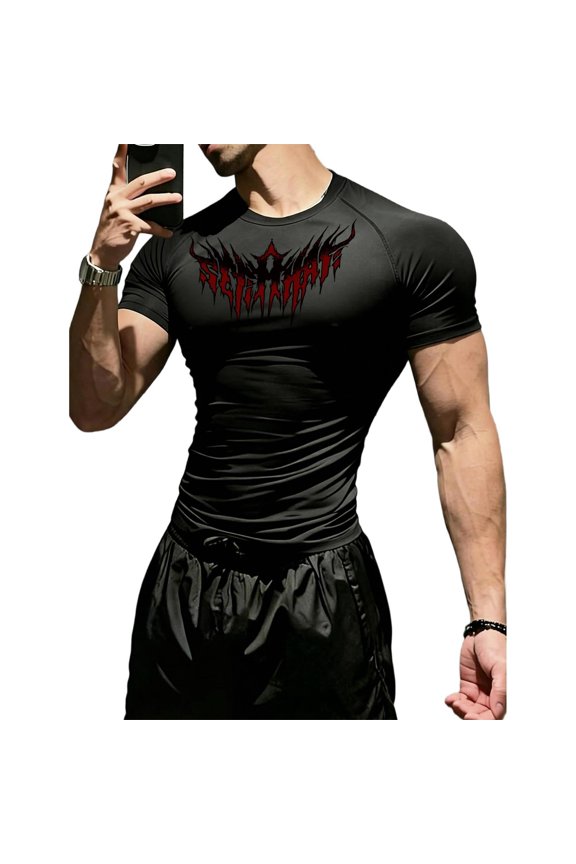 Y2k Men's Athletic Compression Shirt Gothic Graphic Compression Shirt Round Neck Short Sleeve Gym Quick Dry Lightweight Workout Tee