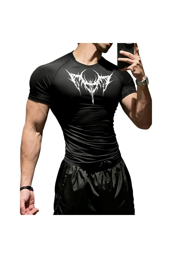 Y2k Men's Athletic Compression Shirt Gothic Graphic Compression Shirt Round Neck Short Sleeve Gym Quick Dry Lightweight Workout Tee