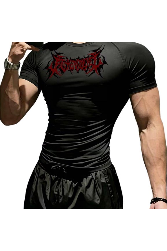 Y2k Men's Athletic Compression Shirt Gothic Graphic Compression Shirt Round Neck Short Sleeve Gym Quick Dry Lightweight Workout Tee