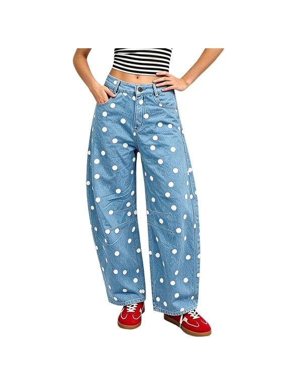 Y2k Polka Dot Barrel Jeans Women High Waist Button Fly Wide Leg Denim Pant Vintage Wide Leg Ruched Jeans