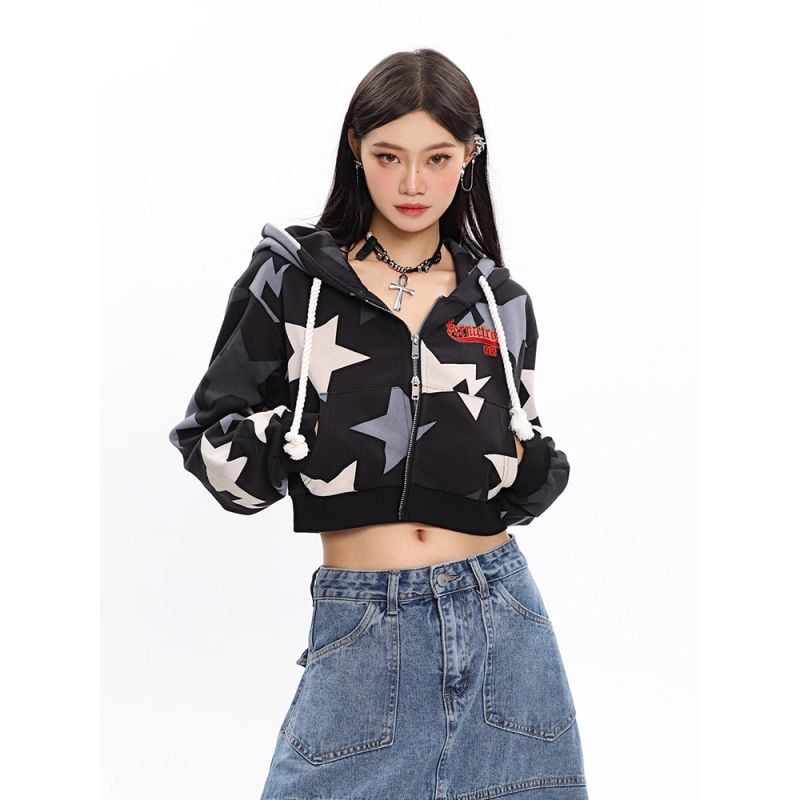 Y2k Printed Star Women Jacket American Hot Girl Double