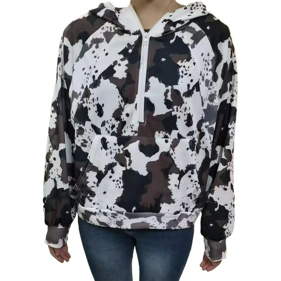 Y2k Quarter Zip Pullover Sweater Women Oversized Cute Hoodie Colorful Patchwork Cow Print Hoodies Dark Brown XS