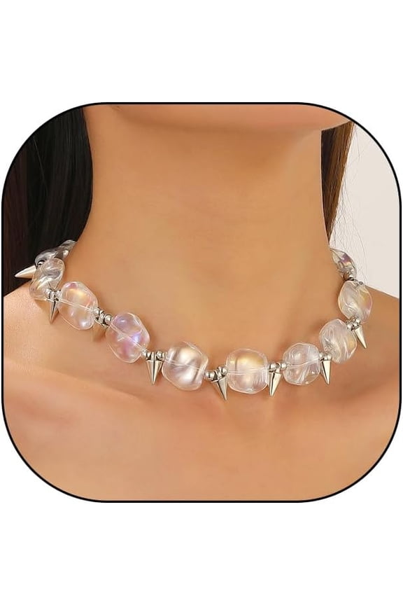 Y2k Resin Statement Choker for Women Men Gothic Transparent Geometric Beaded Necklace Punk Spike Rivet Collarbone Chain Hip-hop Jewelry Gifts
