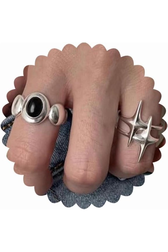 Y2k Rings for Women Black Silver Star Statement Rings Punk Grunge Goth Chunky Rings Adjustable Open Ring Set