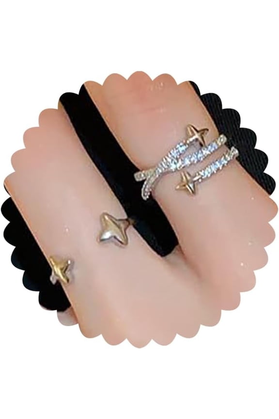 Y2k Rings for Women Black Silver Star Statement Rings Punk Grunge Goth Chunky Rings Adjustable Open Ring Set