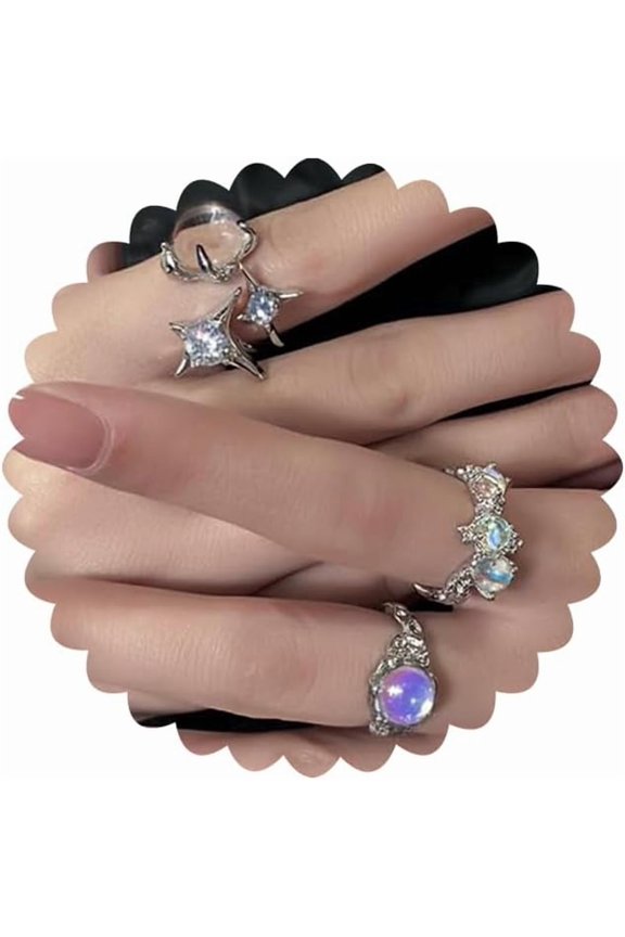 Y2k Rings for Women Black Silver Star Statement Rings Punk Grunge Goth Chunky Rings Adjustable Open Ring Set