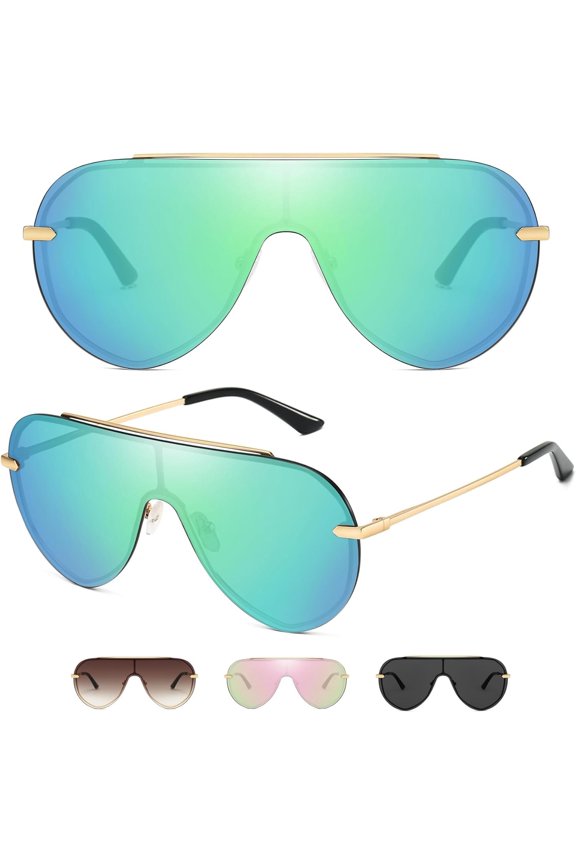 Y2k Shield Sungalsses for Women & Men, UV400 Protection Rimless Aviator Shades with Box & Travel Case