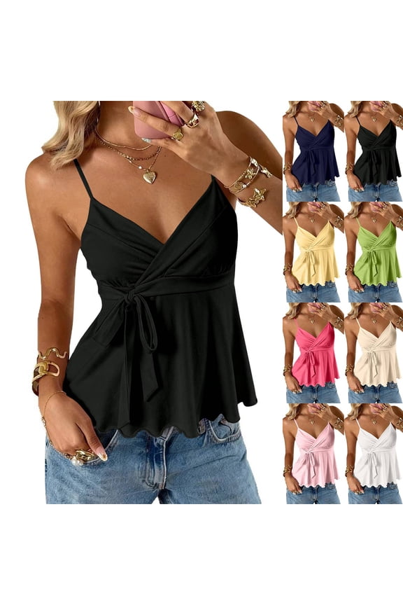Y2k Shirt Ruffle Hem Knotted Mesh Cami Top Sleeveless Layered Babydoll Spaghetti Strap Tank Blouses Black 2XL