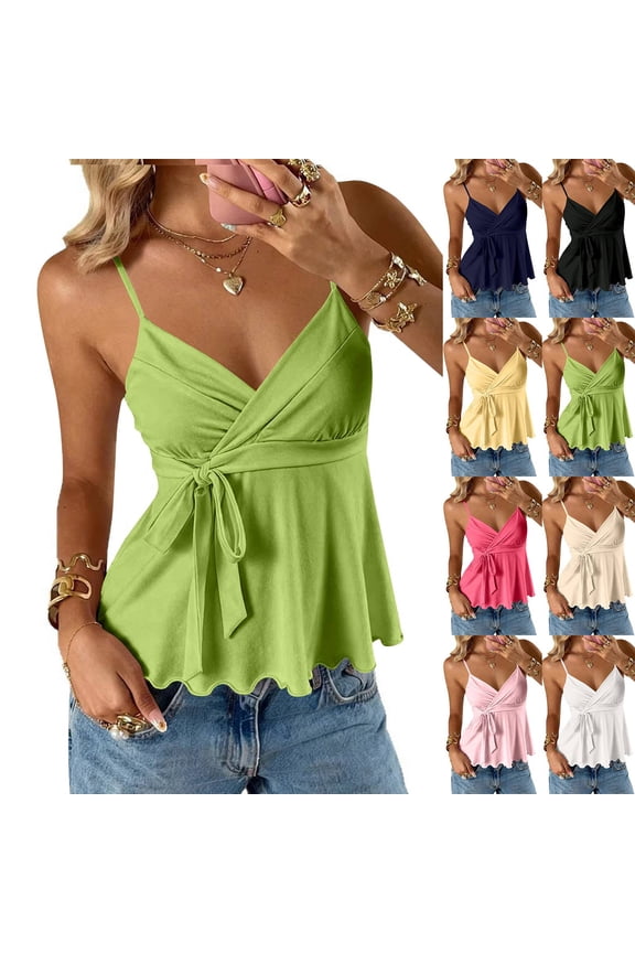 Y2k Shirt Ruffle Hem Knotted Mesh Cami Top Sleeveless Layered Babydoll Spaghetti Strap Tank Blouses Green S
