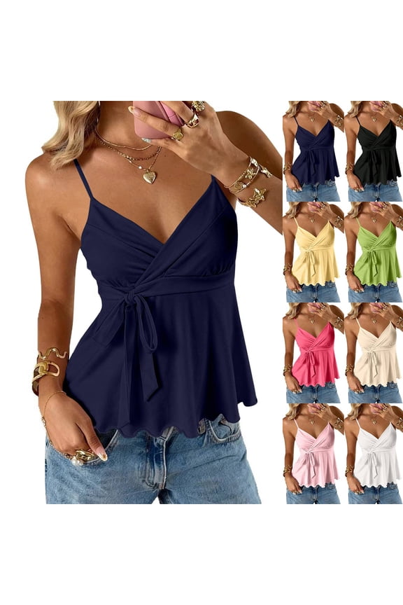 Y2k Shirt Ruffle Hem Knotted Mesh Cami Top Sleeveless Layered Babydoll Spaghetti Strap Tank Blouses Navy L