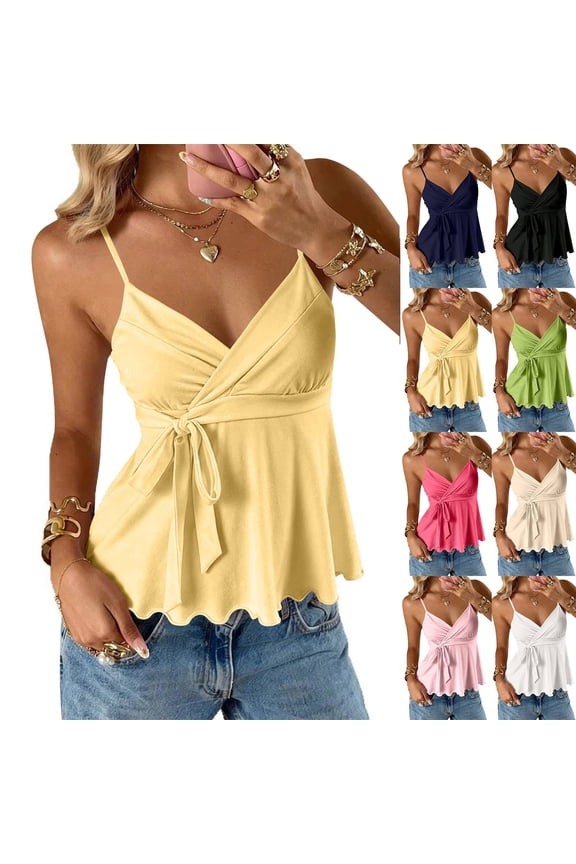 Y2k Shirt Ruffle Hem Knotted Mesh Cami Top Sleeveless Layered Babydoll Spaghetti Strap Tank Blouses Yellow L