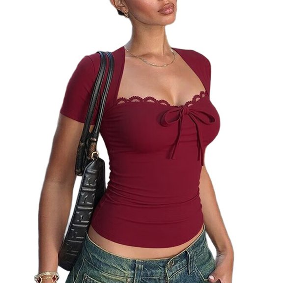 Y2k Shirts Vintage Graphic Print Aesthetic Crop Tops Short Sleeve Lace Girls Slim Fit Summer Tees Wine Red M