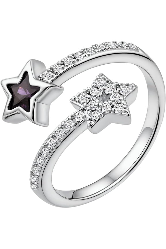 Y2k Silver Amethyst&Cubic Zirconia Star Open Rings Cool Adjustable Birthstone Rings Grunge Jewelry