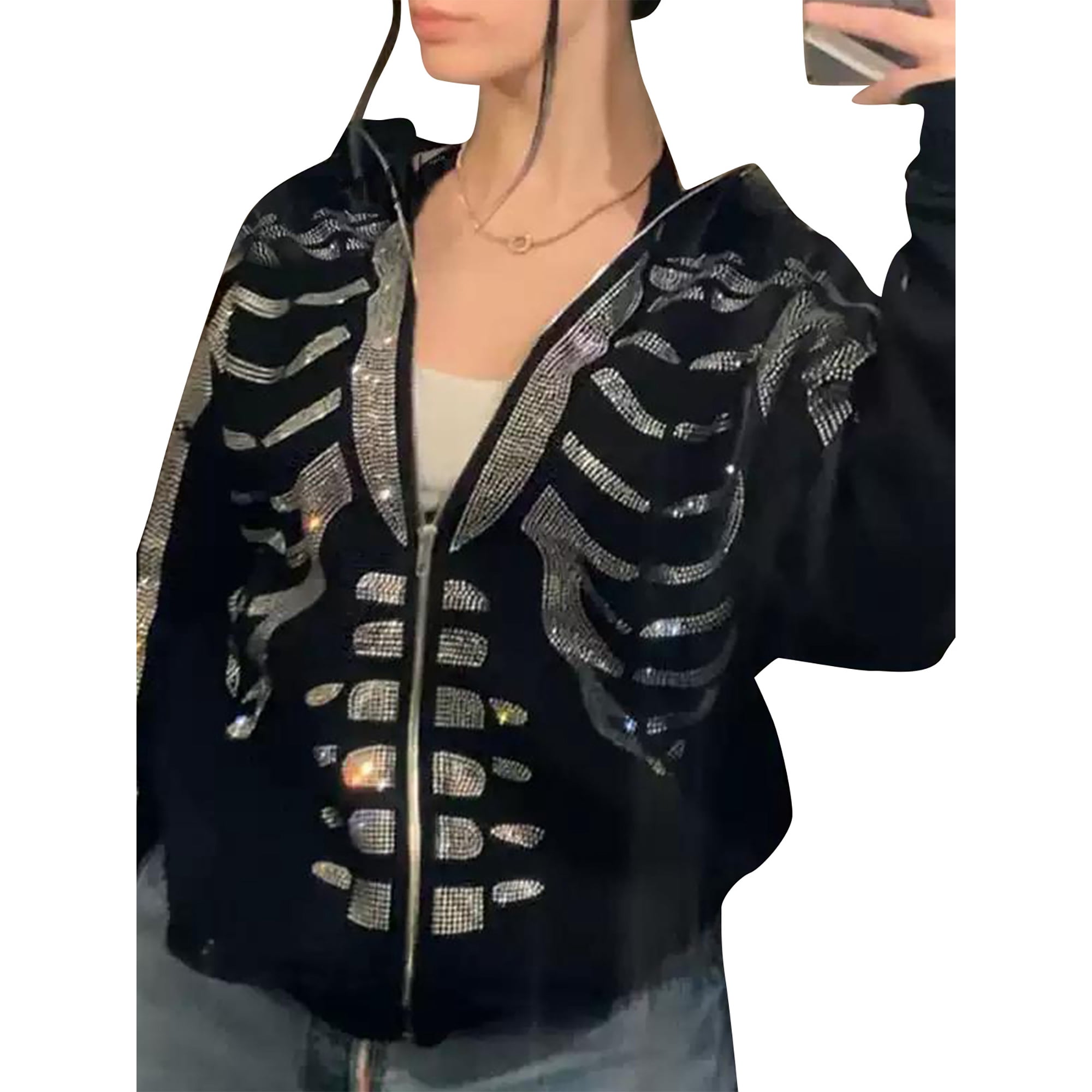 Y2k Skeleton Full Zip Up Hoodies Women Men Rhinestone Skull Graphic Print  Sweatshirt Gothic Oversized Jackets - Walmart.com