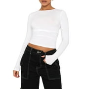 CAITZR Y2k Skinny Long Sleeve Crop Tops Crew Neck Bodycon Shirts Cut Out Pullover Streetwear