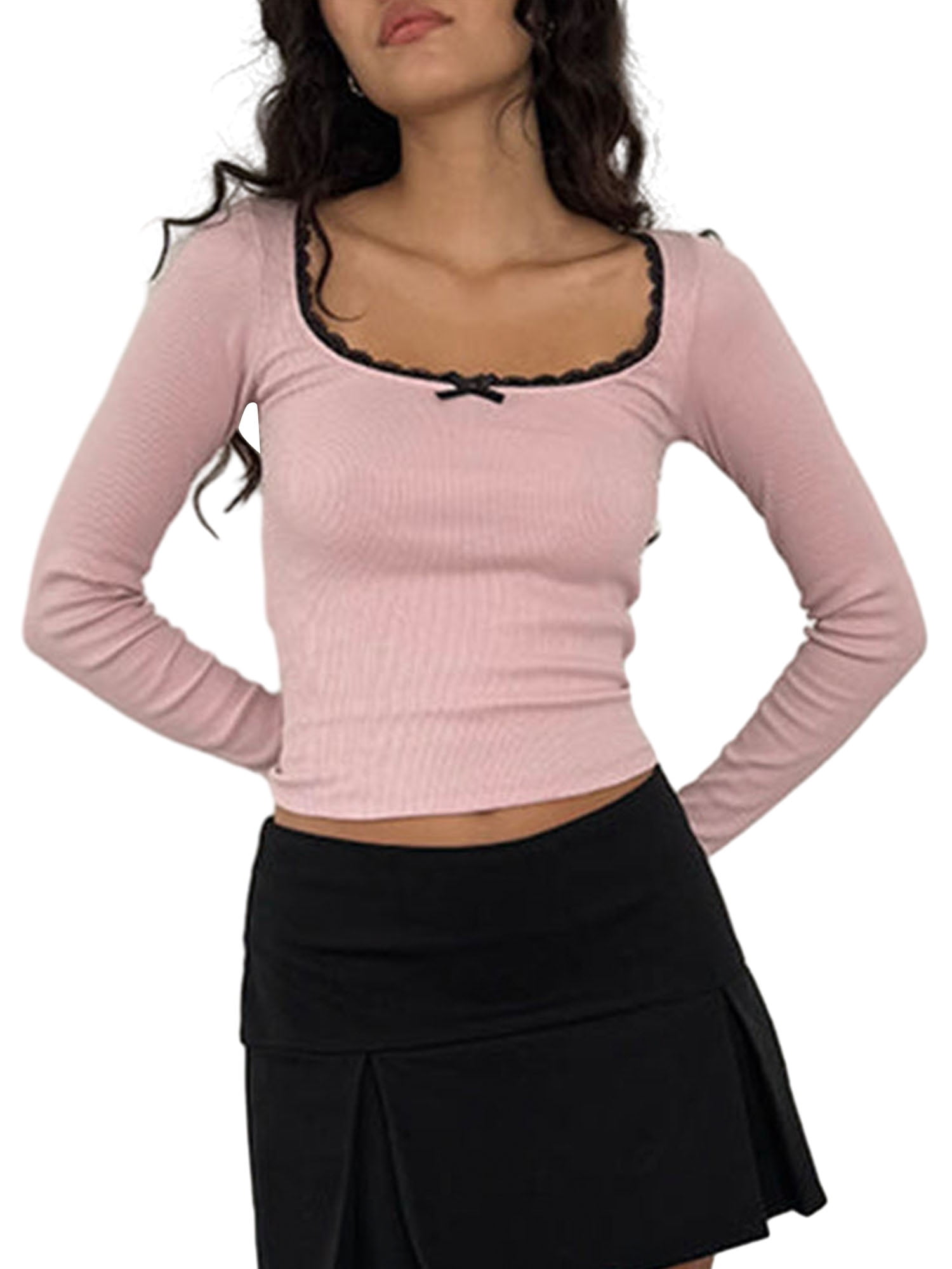 Y2K Aesthetic Clothes Women's Y2K Square Neck Crop Top - Long Sleeve Lace Trim Blouse, Slim Fit Stretchy Stretchy Aesthetic Top Y2K Aesthetic Clothes Women's Y2K Square Neck Crop Top - Long Sleeve Lace Trim Blouse, Slim Fit Stretchy Stretchy Aesthetic Top